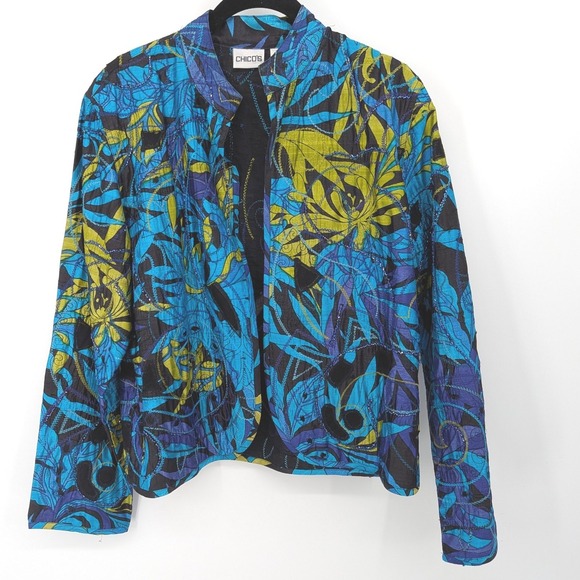Chico's Jackets & Blazers - Chicos Silk Jacket Women Medium Blue Floral Art To Wear Embroidered Open Front